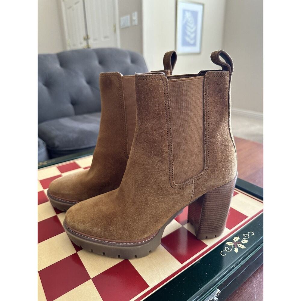 NEW Tory Burch Womens Lug 7.5 Brown Suede Chelsea Platform Camel Nat Ankle Boot